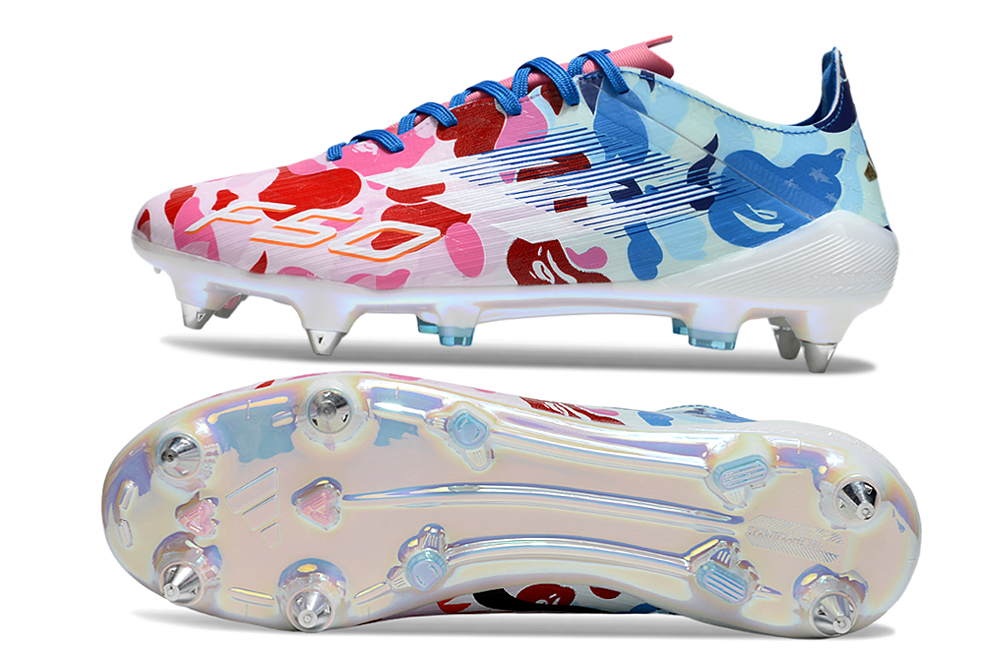 Close-up of Adidas F50 Elite SG x BAPE Lace laces and tongue – premium finish built for comfort, lockdown, and pro-level performance.