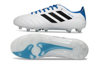 Adidas Copa Icon II Elite FG white leather boot with blue laces, black stripes, and quilted forefoot.